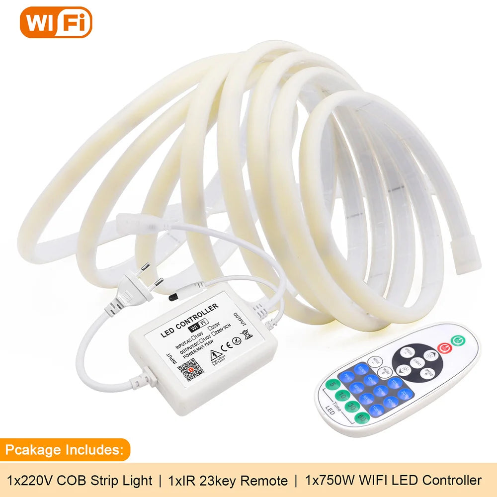 Wifi Bluetooth COB LED Neon Strip Light Wall Touch 23key Remote Control 220V Dimmer Power Kit 5m 10m 20m 0.5m 240LED/m Flex Lamp