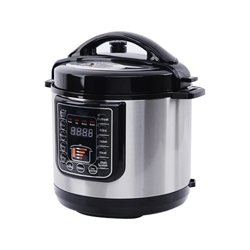 Stainless electric pressure cooker with black lid handle and digital menu display