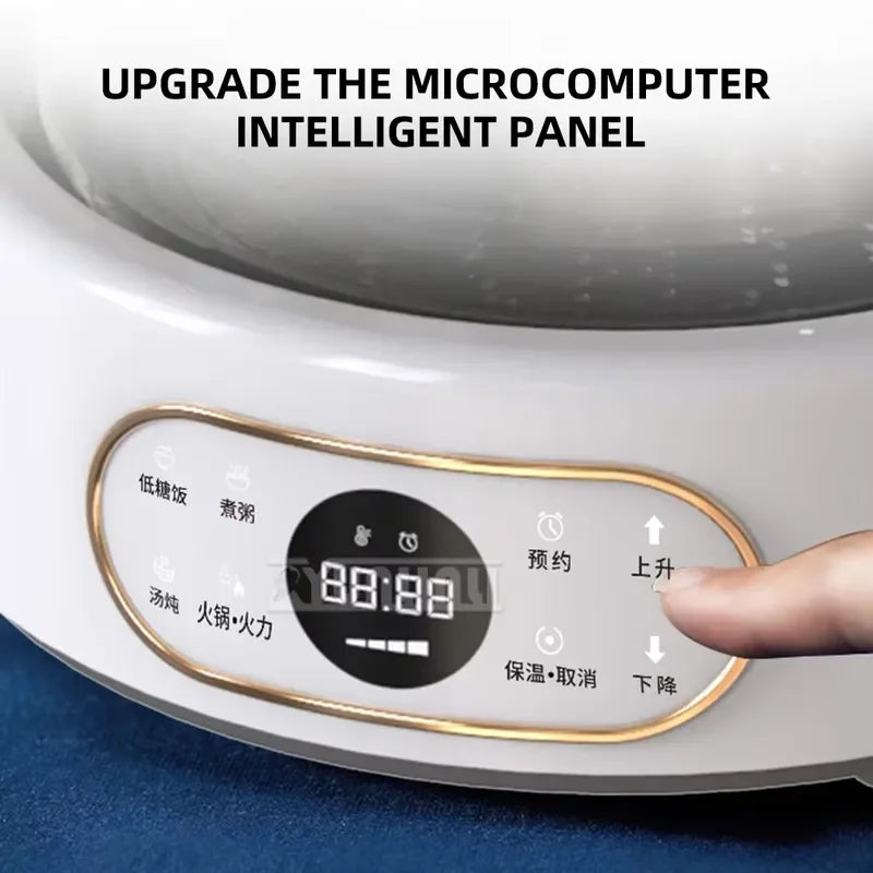 Close-up of white multi-cooker microcomputer panel with LED 88:88 and touch controls