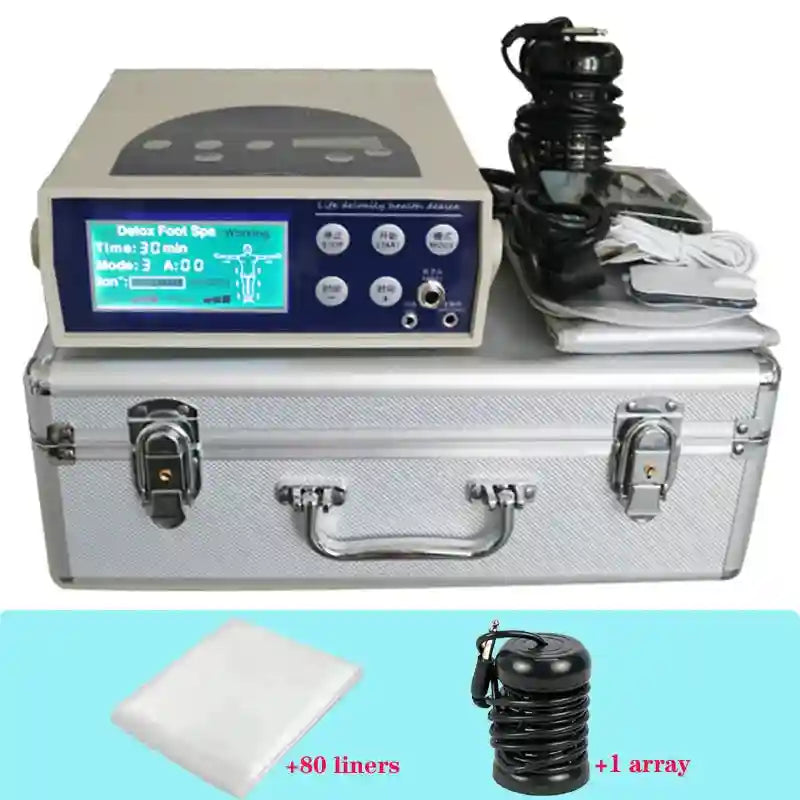 Ionic detox foot spa machine with LCD display, acupuncture pads, array, and 80 liners in a silver portable travel case.