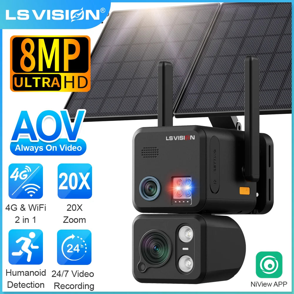 LS VISION 20XZoom 2in1 4G and Wifi AOV Solar Camera 8MP 24/7 Recording Outdoor Surveillance Camera AI Humanoid/Car/Pet Detection