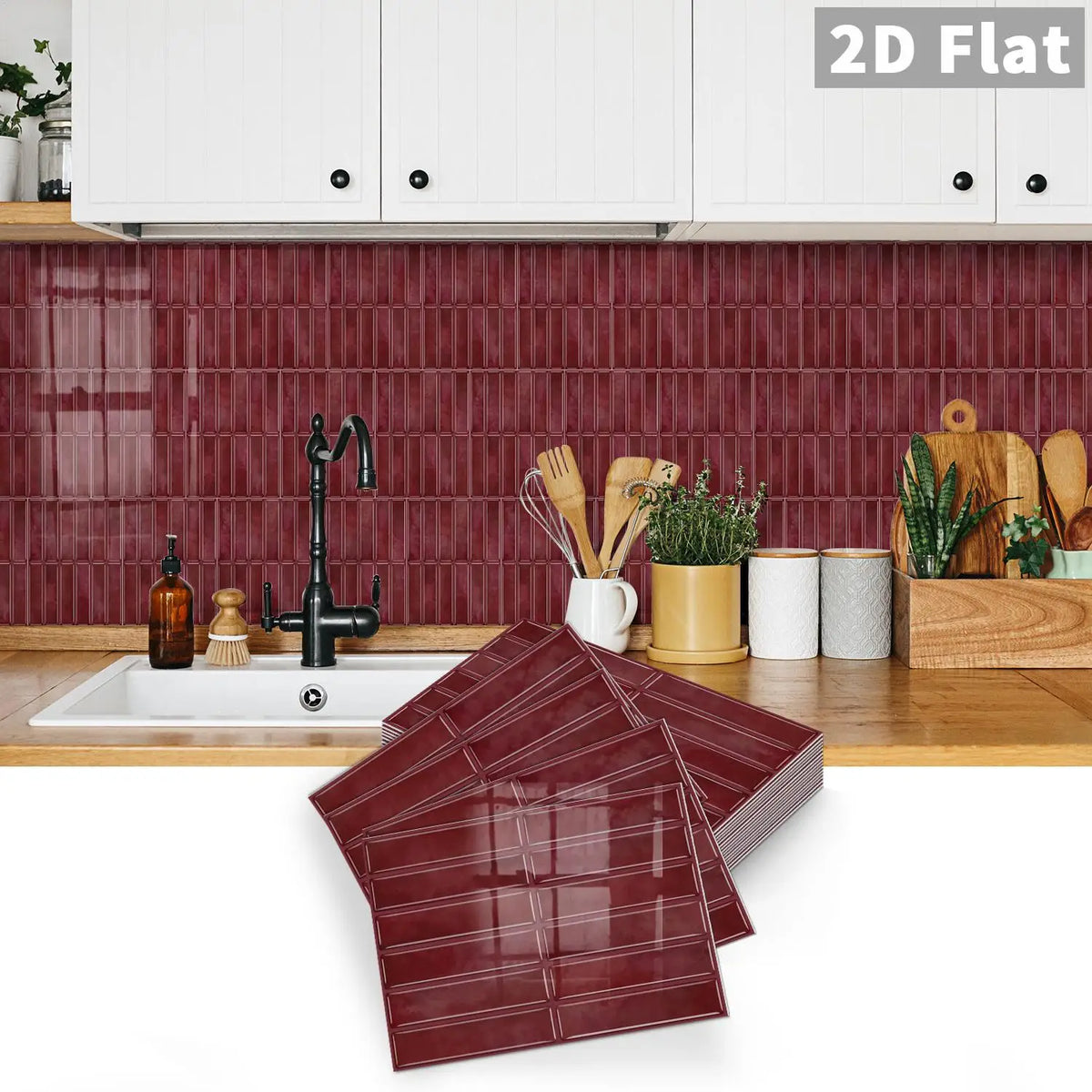 2D flat burgundy peel-and-stick tile decal sheet with faux grout lines