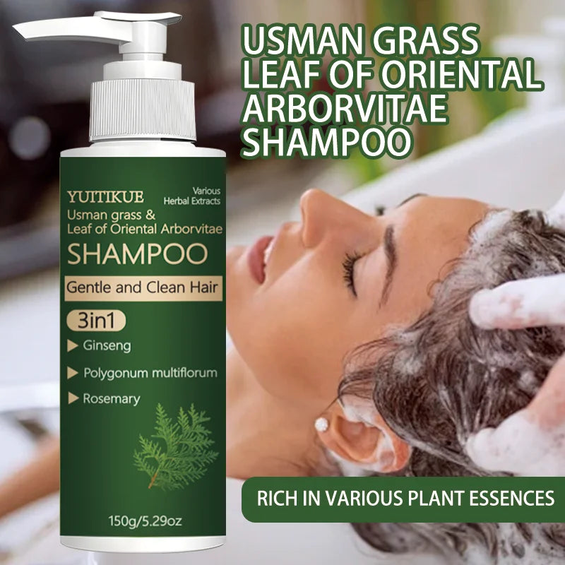 Usman Grass and Oriental Cedar Leaf Shampoo, strengthens hair roots, controls oil, cleanses the scalp, and promotes hair growth