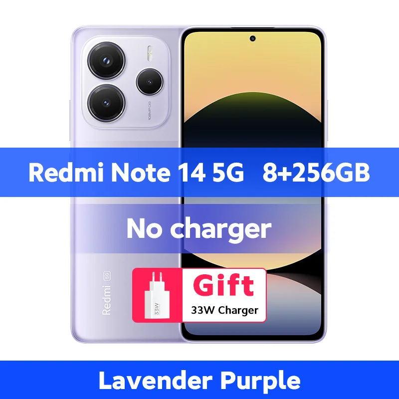 Xiaomi Redmi Note 14 5G Lavender Purple, 8GB/256GB, 108MP triple camera, front and back view, smartphone with gift.