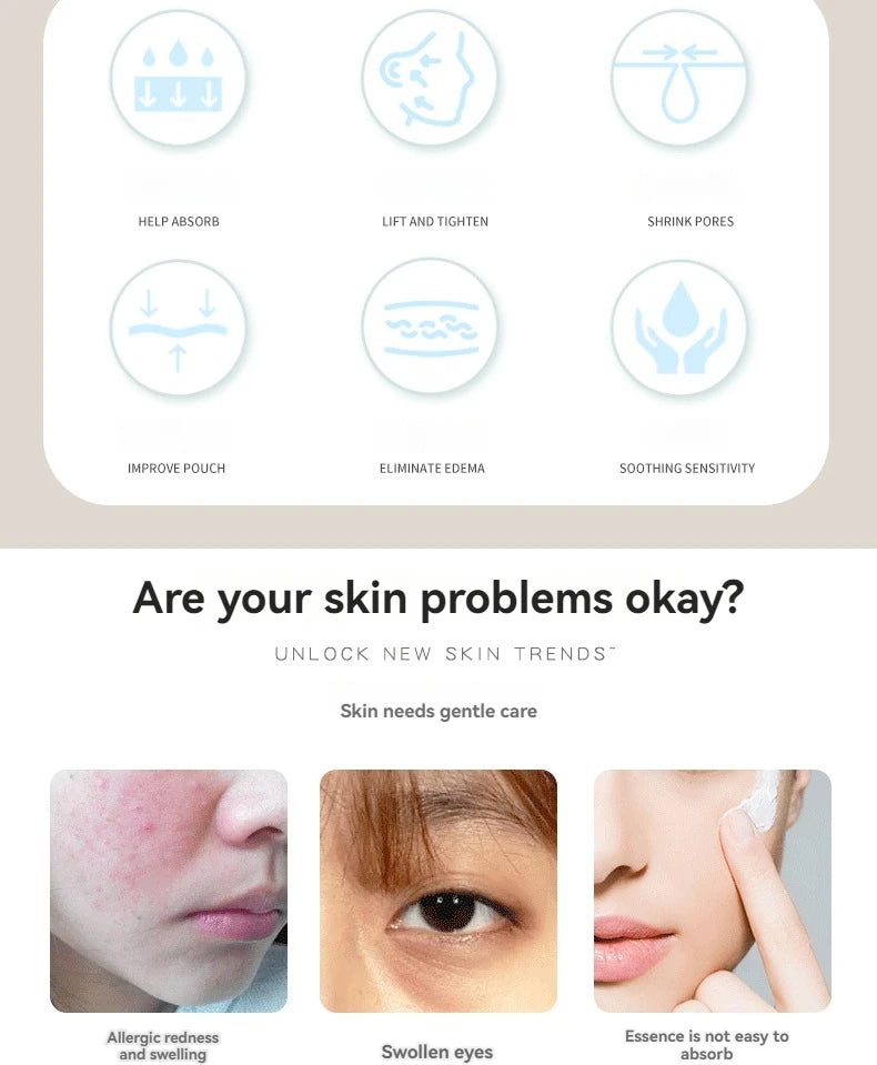 Infographic showing facial ice globe benefits: pore shrinking, lifting, edema reduction, and skin care application.