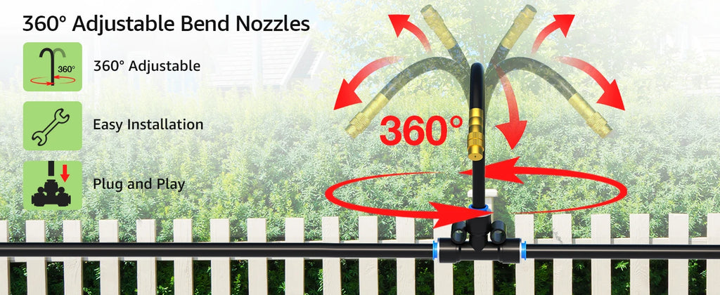 360° adjustable bend nozzle mounted on stake with spray pattern indicator