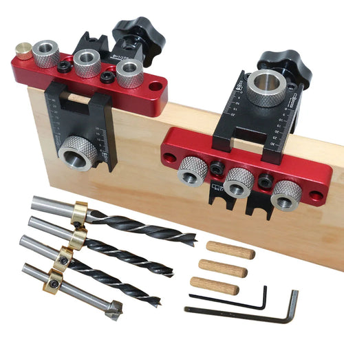 Red and black pocket hole and dowel drilling jig kit with drill bits, dowel pins, hex key
