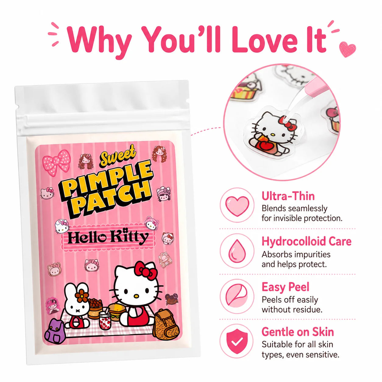 Hello Kitty Hydrocolloid Pimple Patch Acne Spot Cover Waterproof Breathable Invisible for Women Girls Daily Use