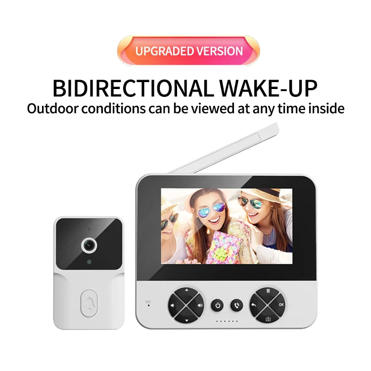 Two-way video doorbell kit with white camera, color screen monitor, 32GB