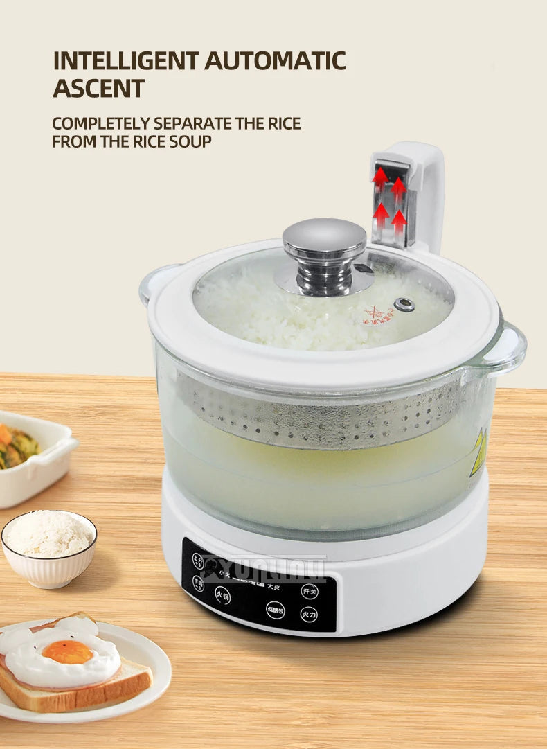 White automatic rice cooker with clear lid, steaming basket, and rice soup inside pot.
