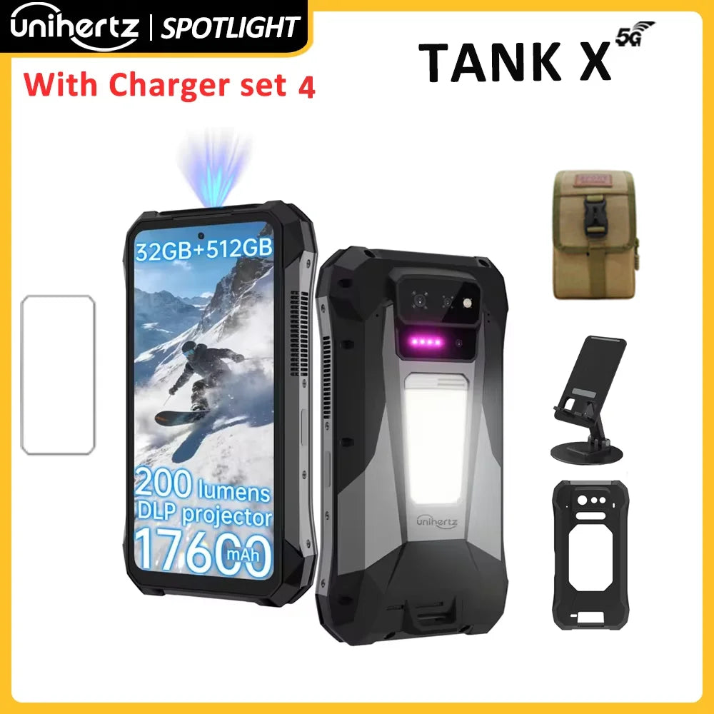 Unihertz TANK X 5G rugged smartphone with 220 lumen projector, 17600mAh battery, camera, and accessories in black/grey.