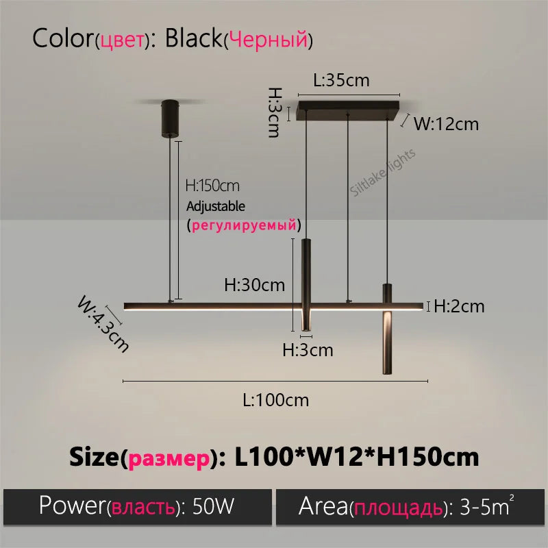 Linear LED Chandelier for Dining Room - Modern Dimmable Pendant Light Black L100cm Tidesmit
