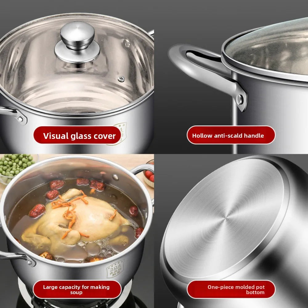 Stainless steel steamer pot with glass lid and anti-scald molded handles