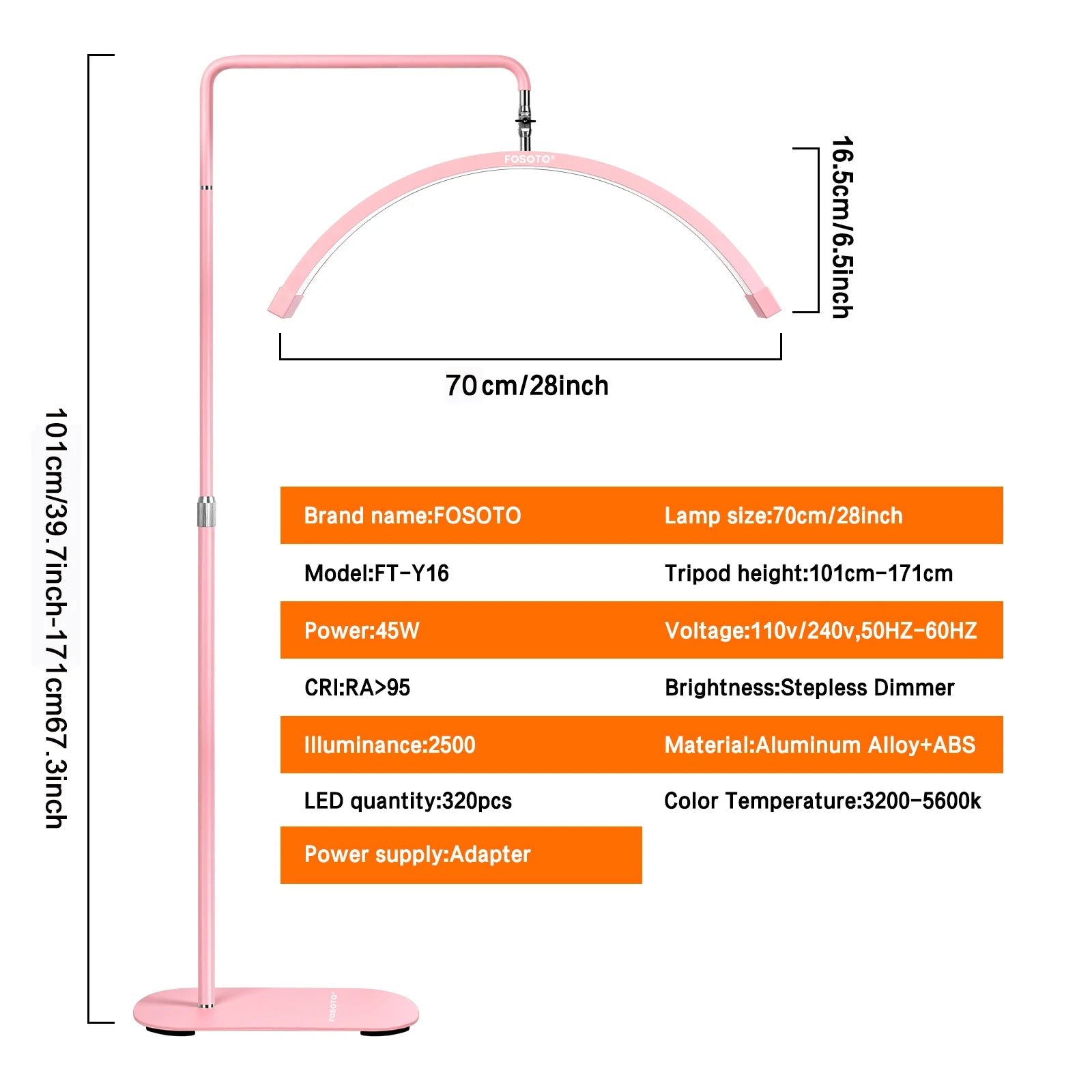 Pink arched LED beauty lamp on an adjustable floor stand with dimensions and technical specifications listed.