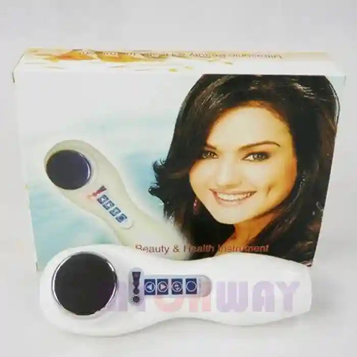 Portable white handheld ultrasound therapy device for arthritis and pain relief with control buttons and retail box.