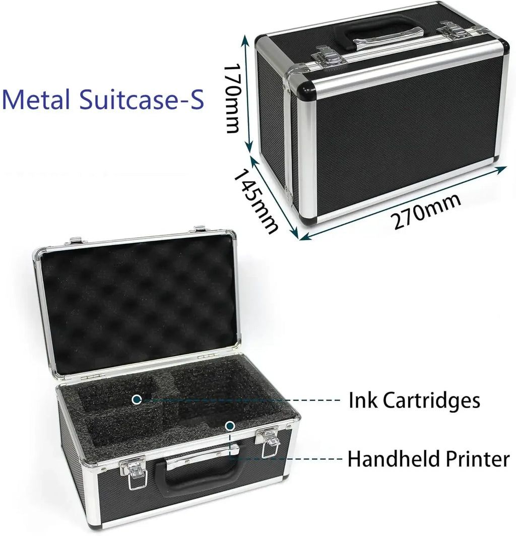 Black metal suitcase case with handheld inkjet printer and ink cartridges inside