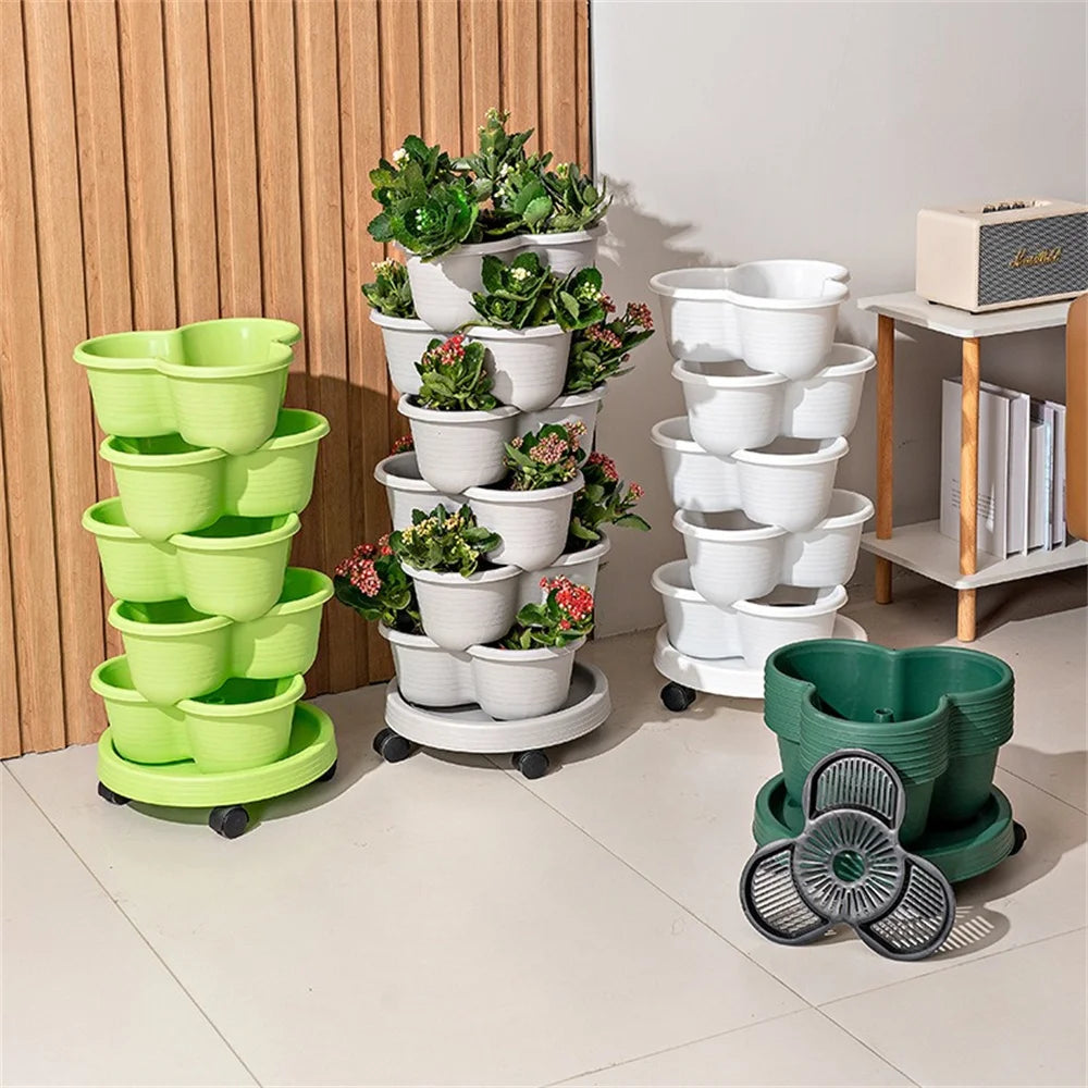 3-4-Tier Stackable 3-Petal Modular Vertical Garden Planter with Wheels Movable for Strawberries, Herbs, & Vegetables,