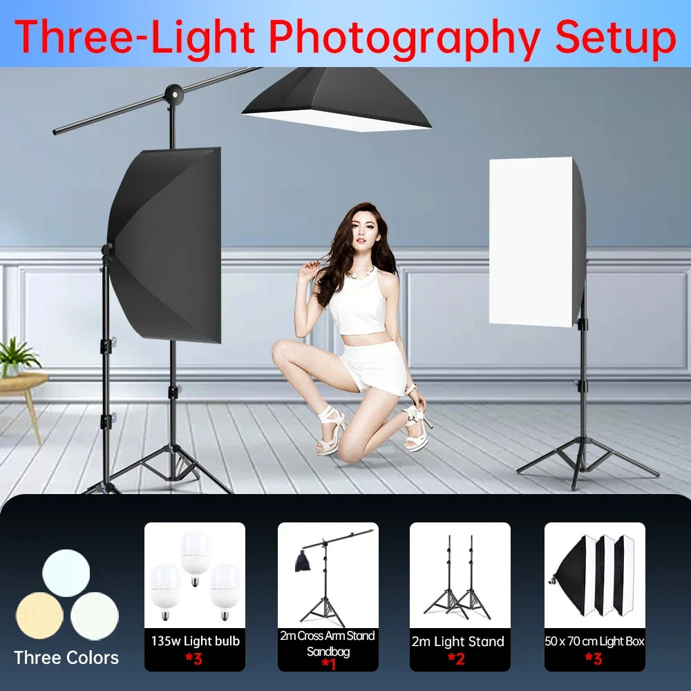 Three-light photography setup with softbox lights and three color bulb options