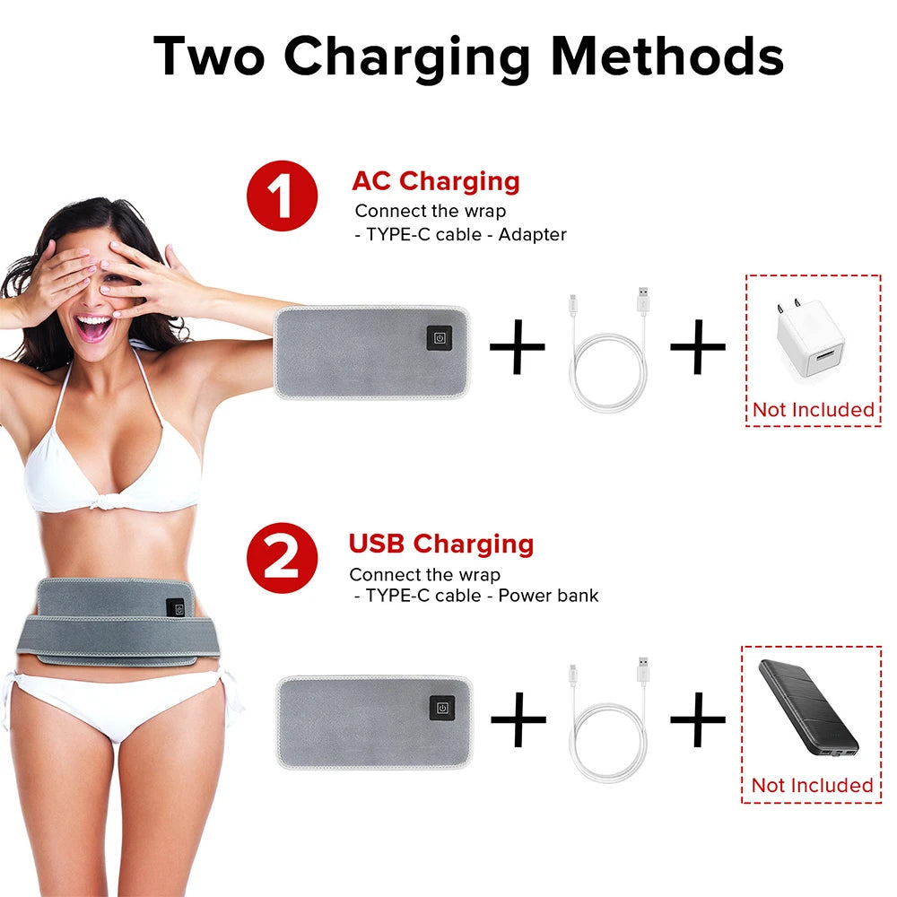 Red light therapy belt showing AC and USB charging methods for back pain relief, slimming, and infrared heat therapy.