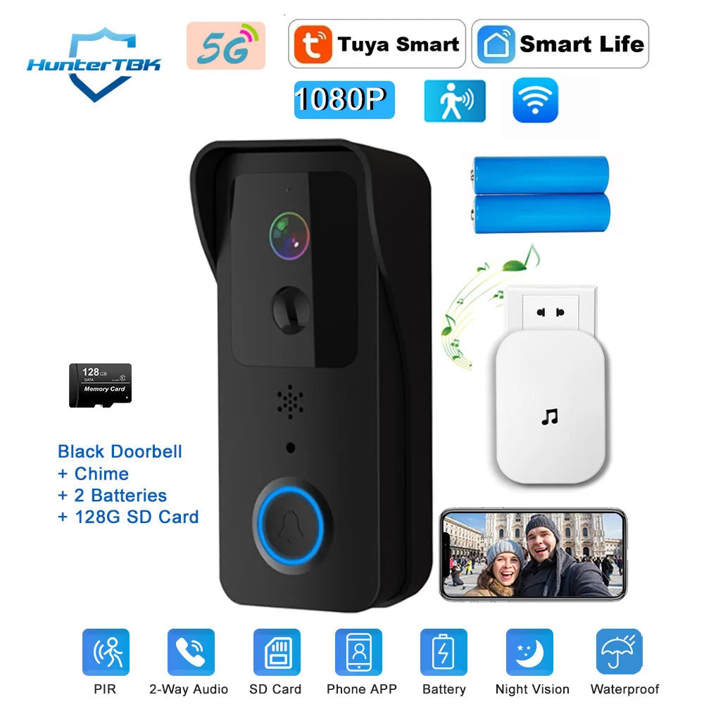 Black WiFi doorbell camera with PIR motion sensor and 128GB SD card, two-way audio