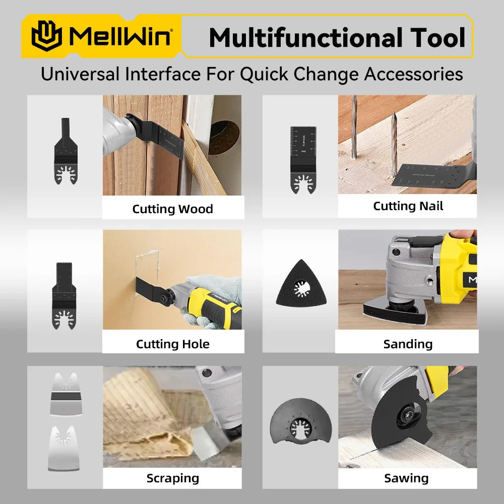 MELLWIN Brushless Oscillating Multi Function Tool Electric Saw Polisher Woodworking Cutting Tool For Makita 18V Battery Pin