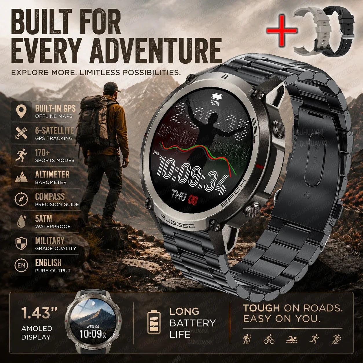 Black GPS sports smartwatch with round case and black metal bracelet