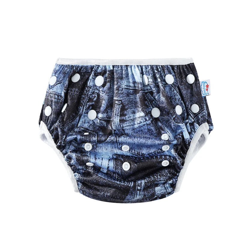 Babyland reusable baby cloth diaper with denim print design, adjustable snap buttons.