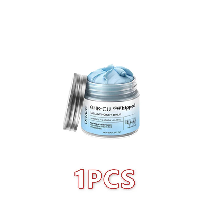 Tidesmit Blue Balm texture close-up featuring Copper Peptides PDRN and Manuka Honey for dry mature skin moisturizing