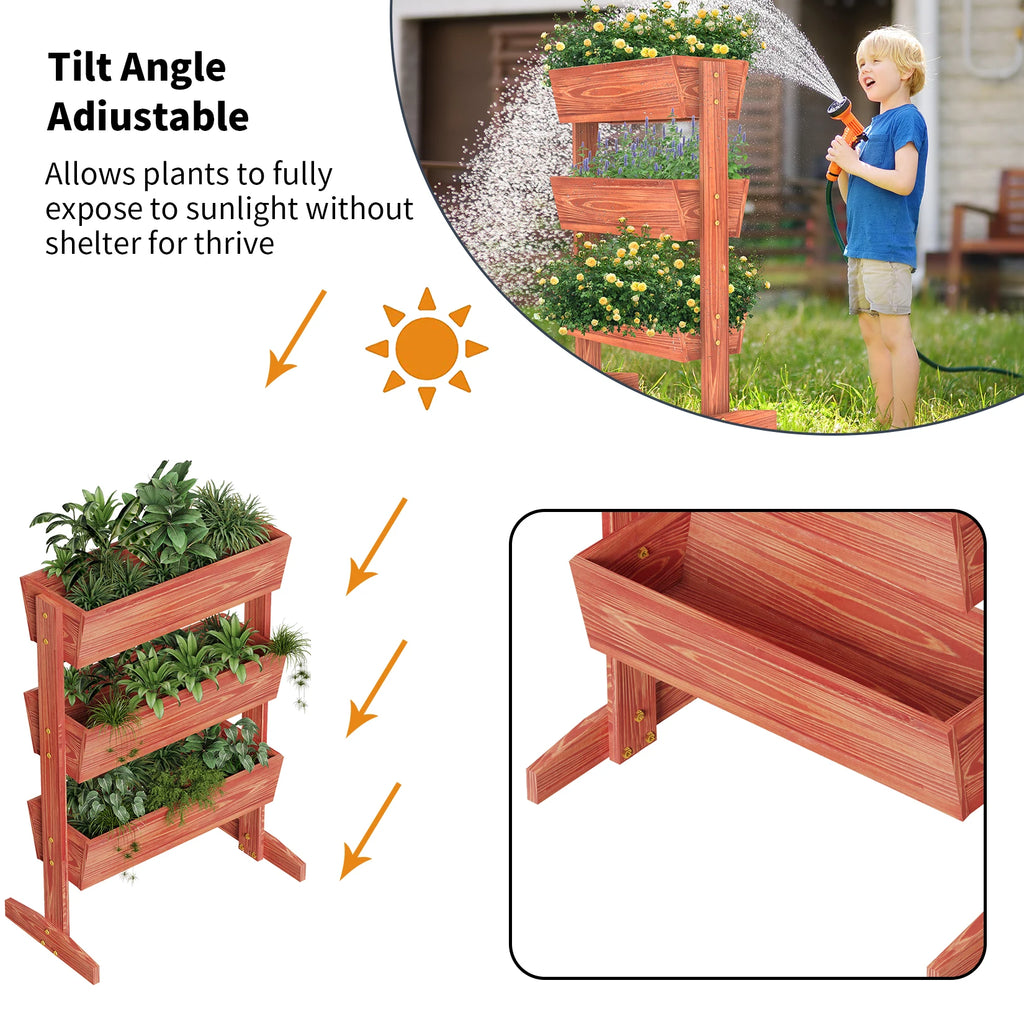 4-tier raised wooden planter box, reddish brown, adjustable tilt for sun exposure