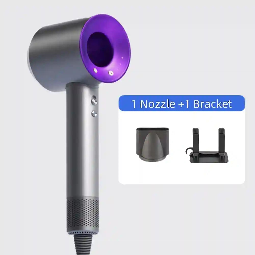 Professional high-speed grey and purple bladeless hair dryer with styling nozzle and wall bracket for fast drying.
