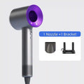 Professional high-speed grey and purple bladeless hair dryer with styling nozzle and wall bracket for fast drying.