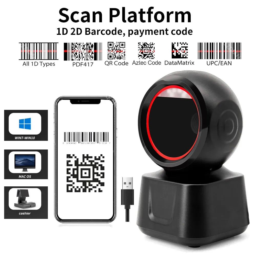 Desktop barcode scanner with red ring scanning window and USB cable