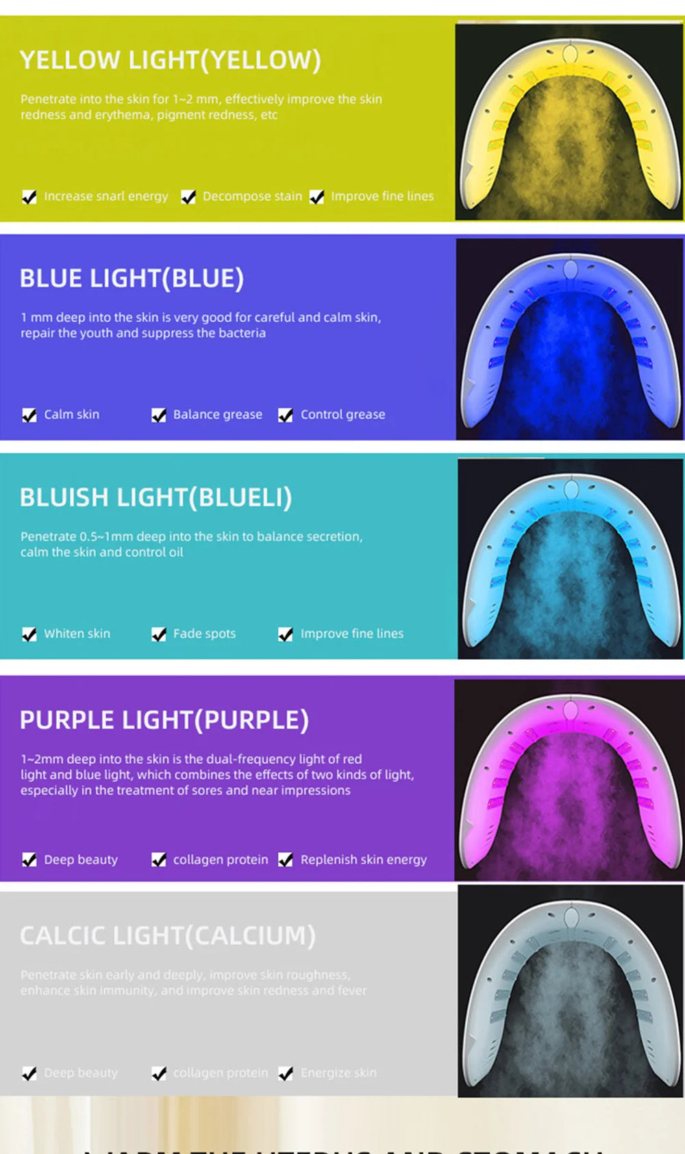 U-shaped LED face mask device showing five light therapy color modes: yellow, blue, cyan, purple, and calcium light.