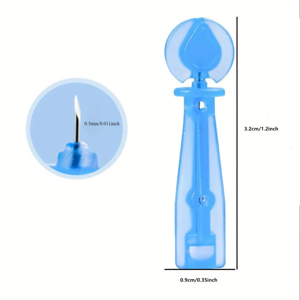 A blue disposable plastic lancet with a thin metal needle tip, showing dimensions of 3.2cm length and 0.9cm width.