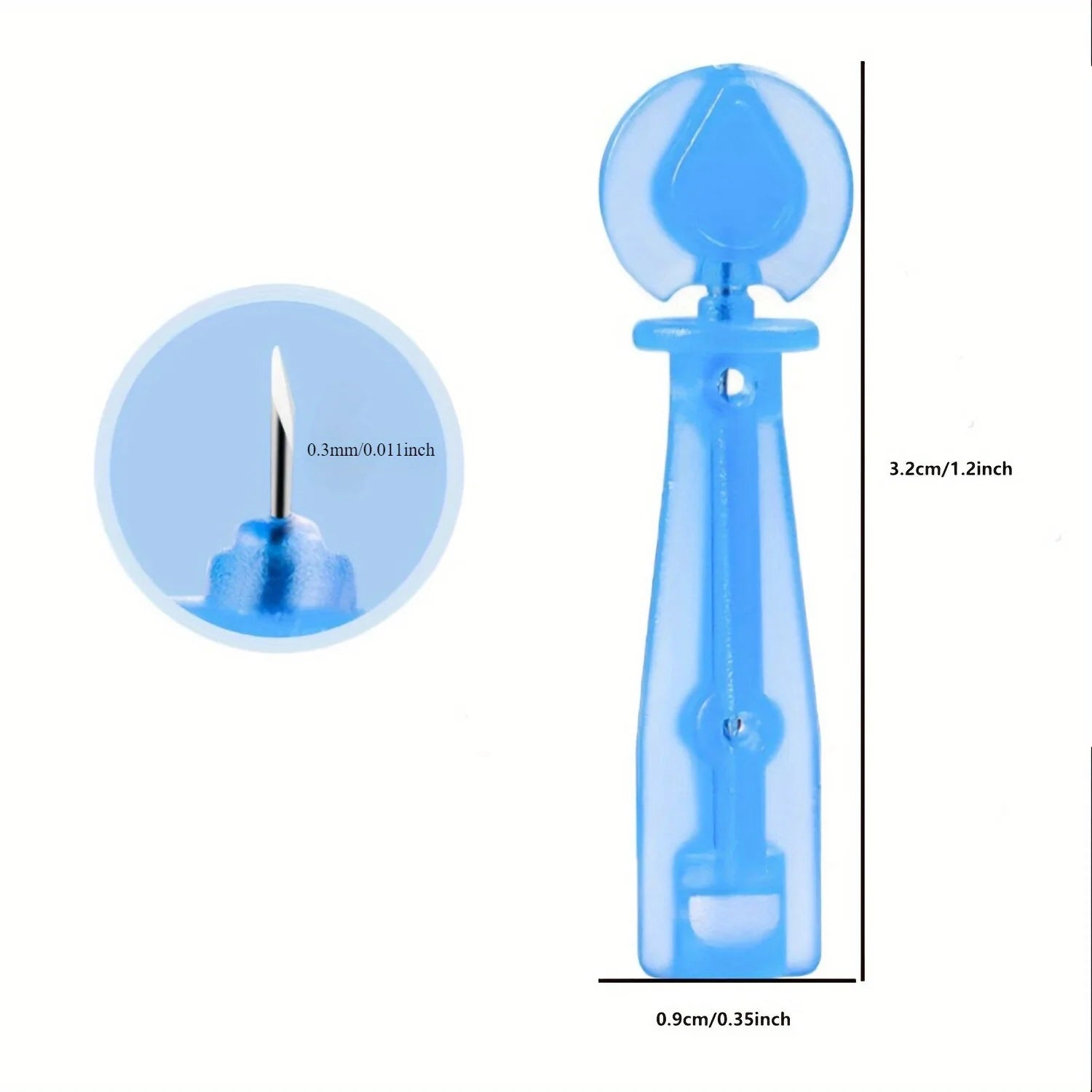 A blue disposable plastic lancet with a thin metal needle tip, showing dimensions of 3.2cm length and 0.9cm width.