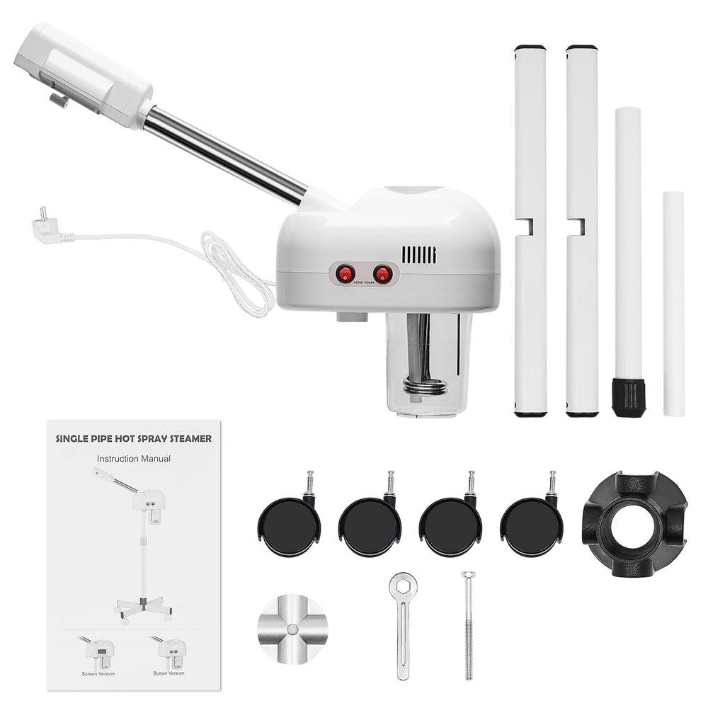 White 800W professional facial steamer parts, hot spray salon spa equipment with 750ml tank, stand, and wheels.