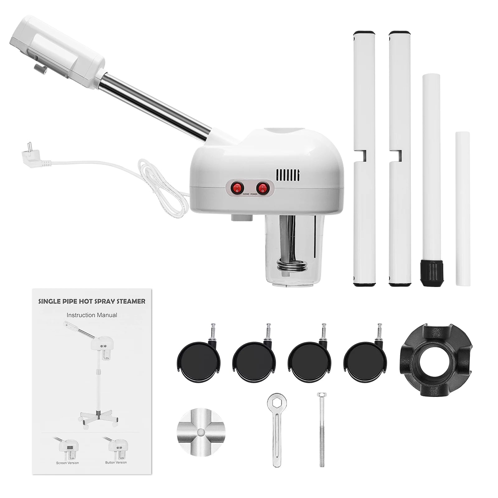 White 800W professional facial steamer parts, hot spray salon spa equipment with 750ml tank, stand, and wheels.