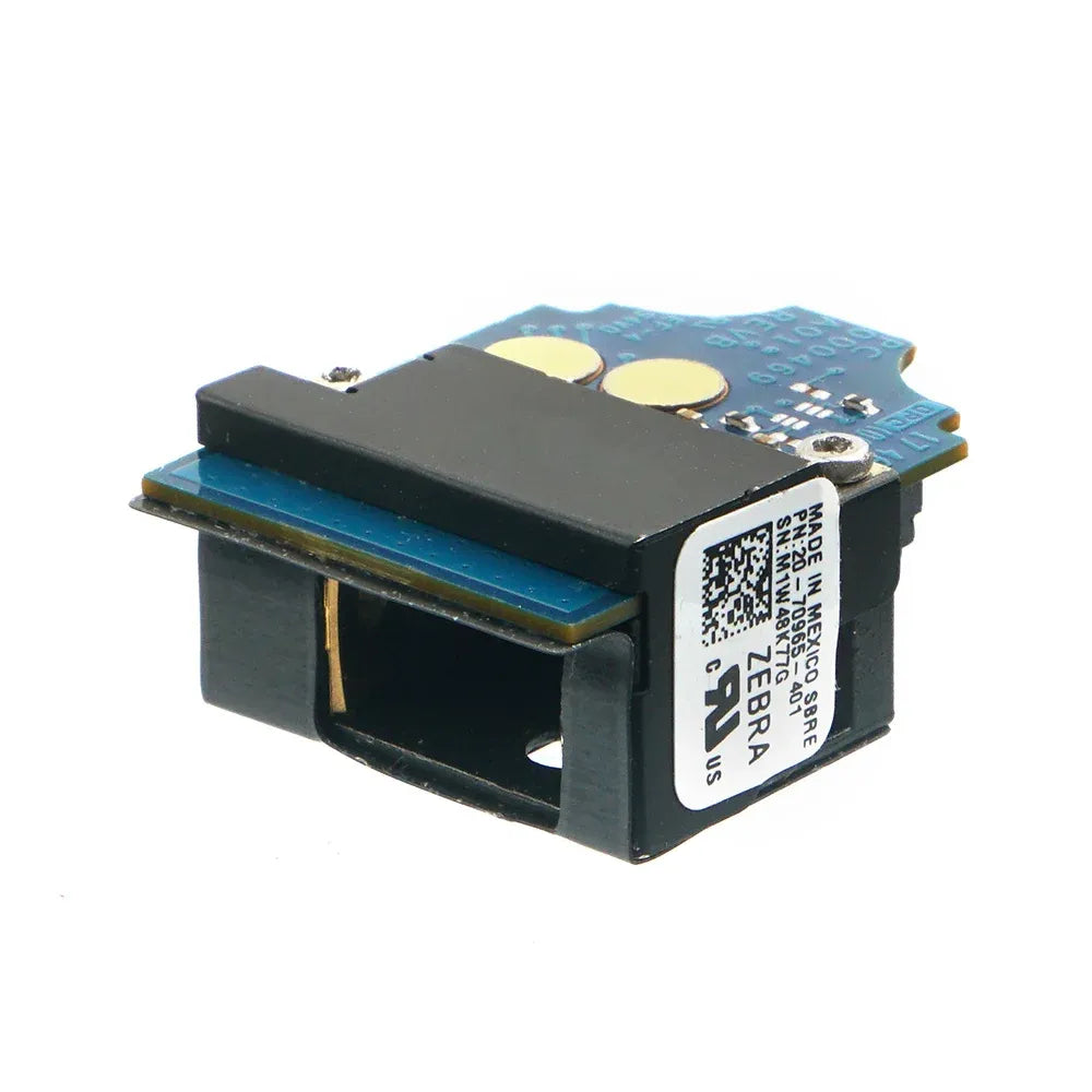 Zebra barcode scan engine module, front view with QR label on black housing