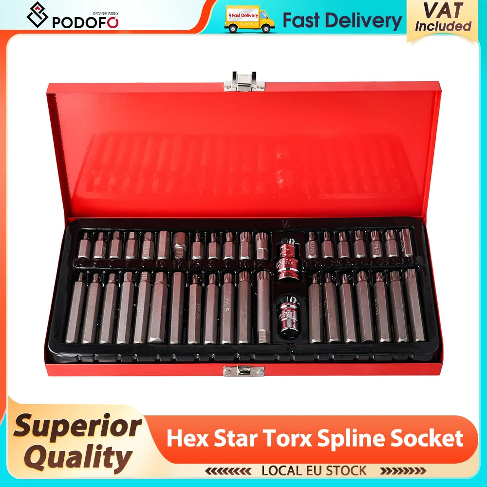 Podofo Screwdriver Socket Bit Set Tools 40pcs Hex Star Torx Spline Socket 1/2inch 3/8inch Drive Impact Socket Bit Tool Set M5 M6