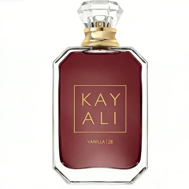 Kayali Vanilla 28 unisex EDP: 100ml burgundy glass bottle, diamond-cut cap, iconic gourmet Arabic fragrance bestseller.
