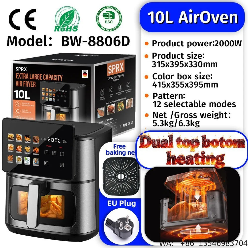 Factory Portable  Electric Multifunction Fully Automatic Stainless Steel  Smart Square  air Fryer Oven, 10L Large Capacity 1800W