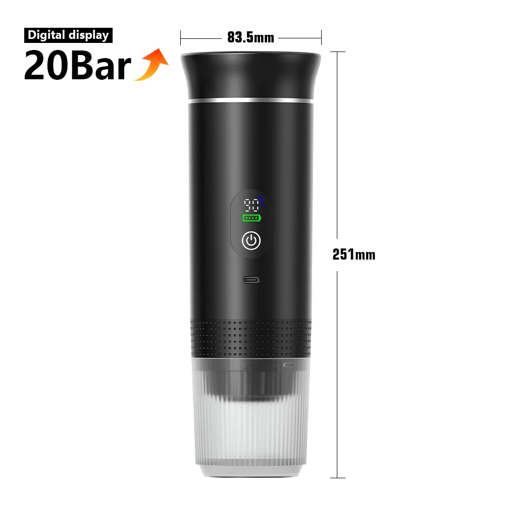 Black portable 20-bar espresso maker with digital temperature display, 251mm height, and rechargeable battery indicator.