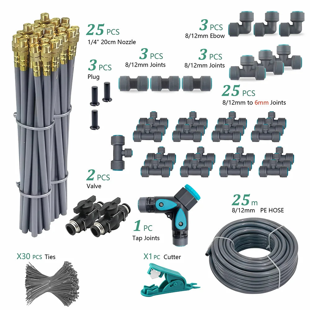 Garden nozzle kit with 25 pcs brass nozzles, 8/12mm PE hose coil, and gray connectors