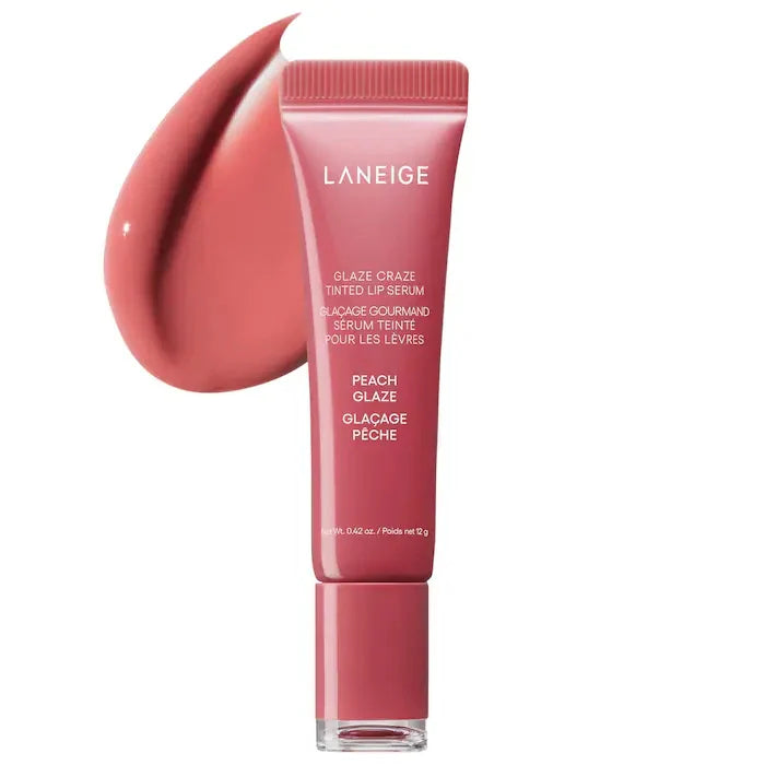 Laneige Glaze Craze Tinted Lip Serum in Peach Glaze with a glossy, smooth peach-pink texture swatch.