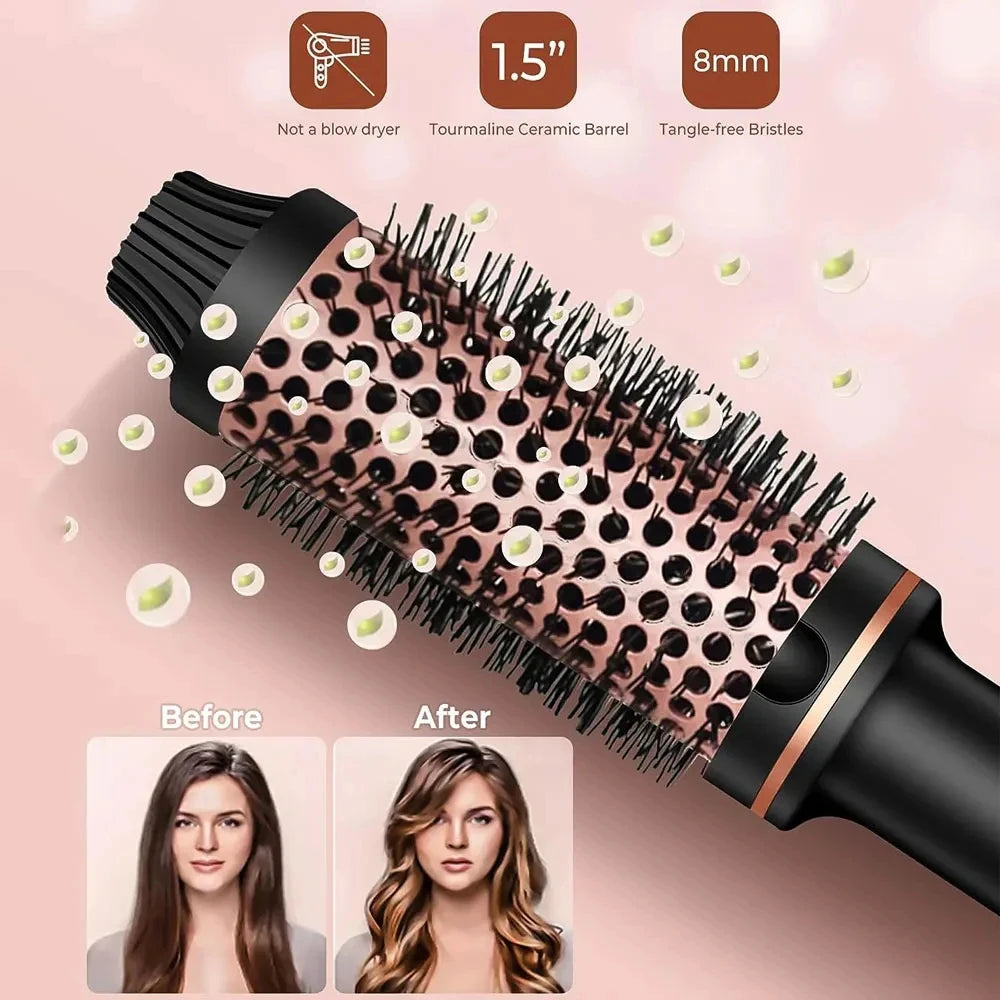 Rose gold 1.5” ionic thermal curling brush with tangle-free bristles for professional hair styling and volume.