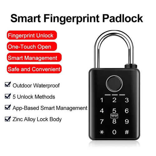 Black smart fingerprint padlock with fingerprint sensor and numeric keypad