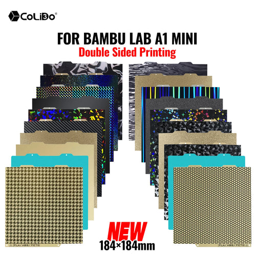 Double-sided 184x184mm PEI/PEY/PET/H1H build plates for Bambu Lab A1 Mini, offering textured surfaces for 3D printing.