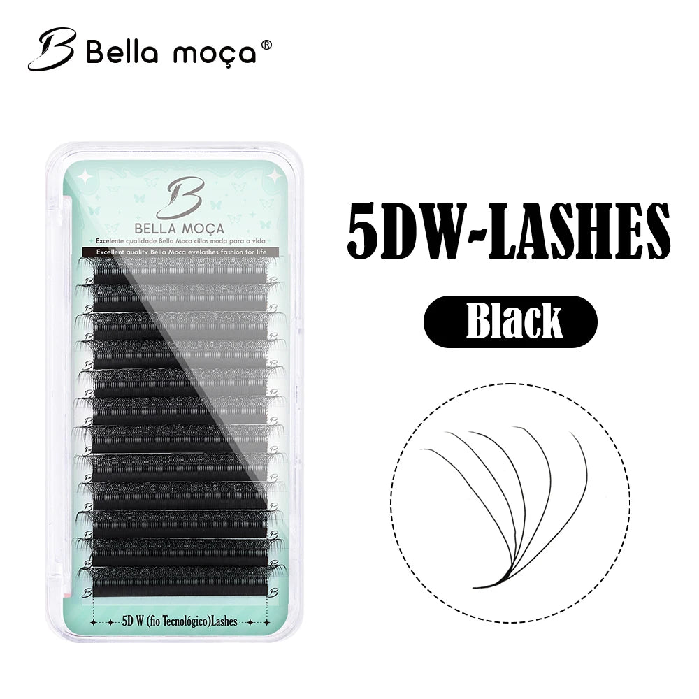 A tray of black 5D W-style volume lashes with a diagram showing the individual 5-strand lash fan shape.