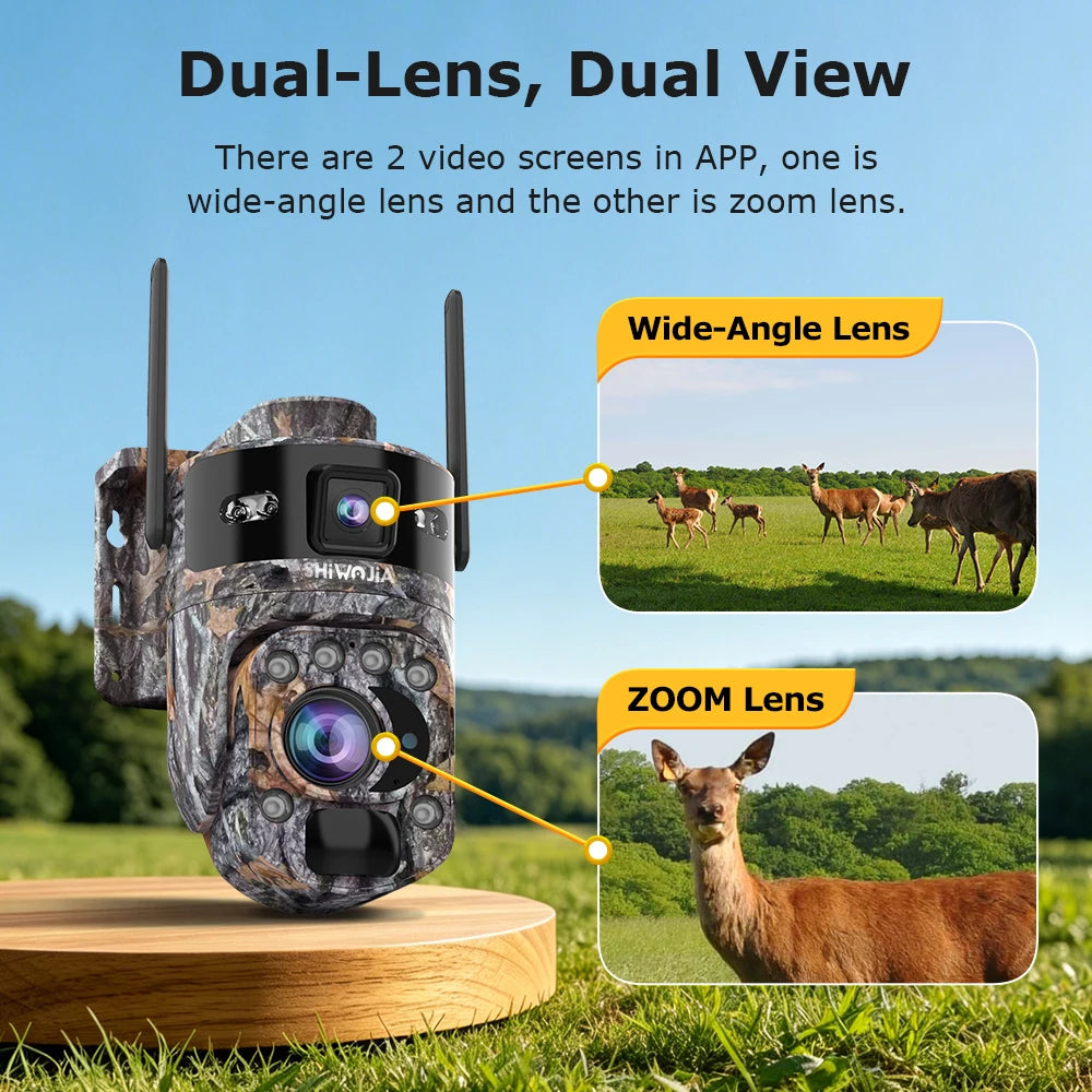 SHIWOJIA 60X 10MP AOV+PIR Outdoor Surveillance Camera WIFI/4G SIM Ai Tracking Human Detection Dual Screen CCtv Security Cam