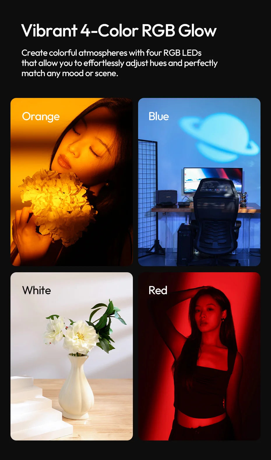 Four-color RGB projection lamp casting orange, blue planet, white, and red light for atmospheric room lighting.